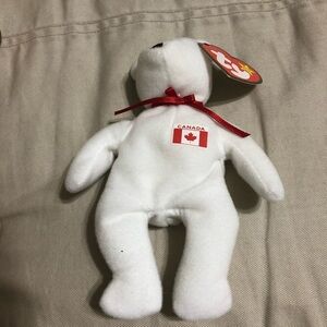 Ty teenie beanie baby Maple the Bear. White Plush Bear with Red Ribbon Canada